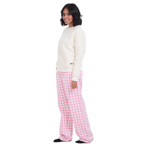 Women Winter Pajama Set Off White Sweatshirt +Pink Gingham Pattern Pants